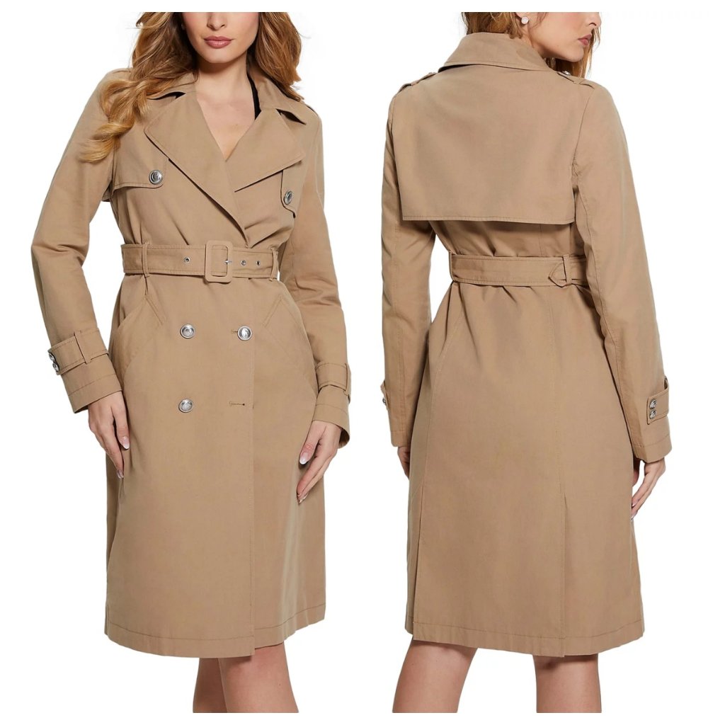 Guess Jade Double-Breasted Belted Trench Coat Khaki Cotton
